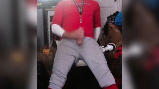 JockDad87 jerks his big cock in his baseball gear.